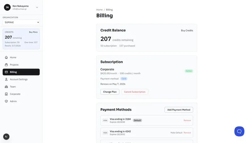 Billing overview showing credit balance, subscription status, and payment methods
