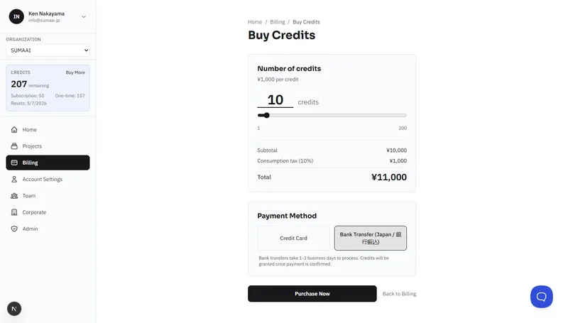 Buy Credits page with Bank Transfer selected as payment method