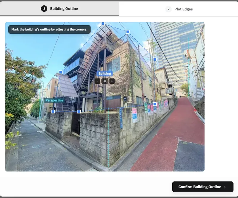 Building editor showing outline adjustment with draggable corners and floor count controls