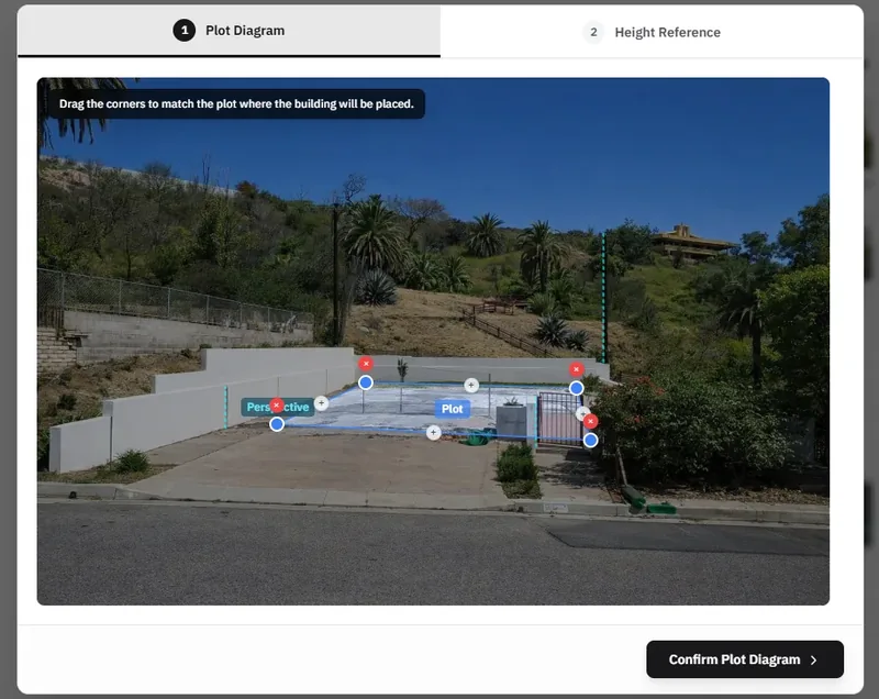Plot diagram editor with draggable corners to adjust plot boundaries