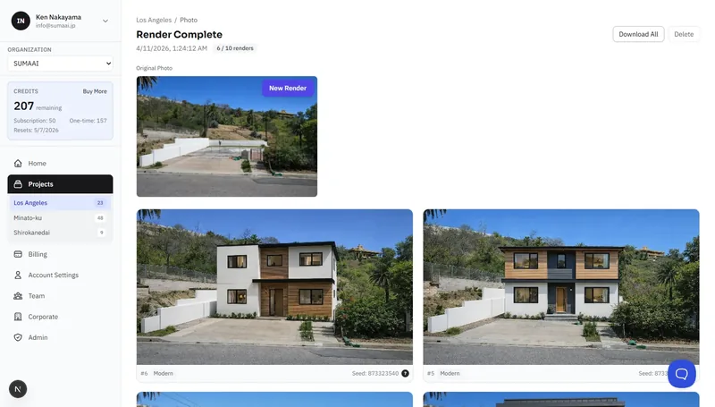 House rendering results page showing original plot photo and generated building designs
