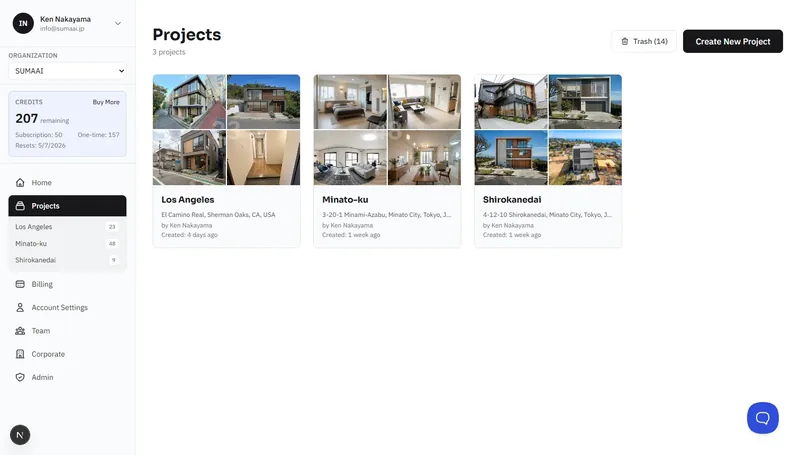 Projects page showing project cards with thumbnails, names, and addresses