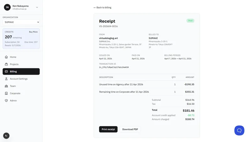 Paid receipt showing seller info, line items, tax breakdown, and download options