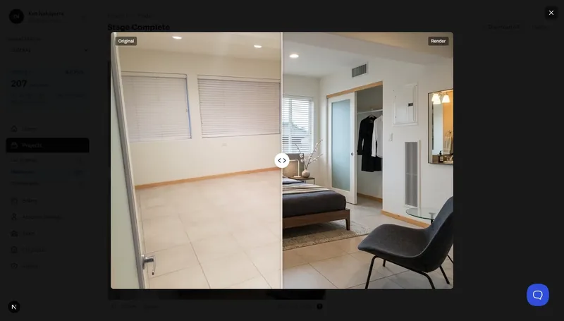 Before/after compare slider showing original vs. rendered image