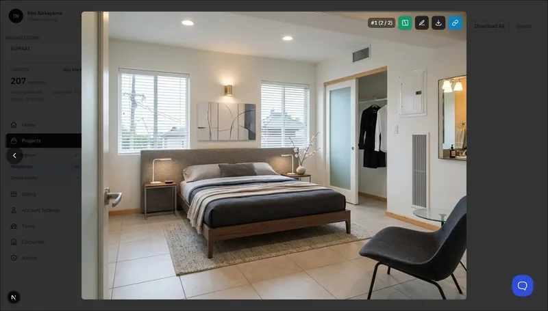 Full-screen viewer showing rendered image with navigation arrows and action toolbar